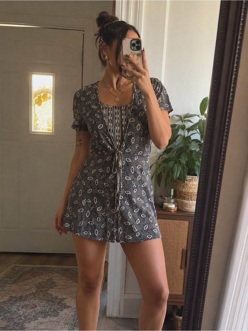 Black Printed Asymmetrical Tie-Front Mini Dress